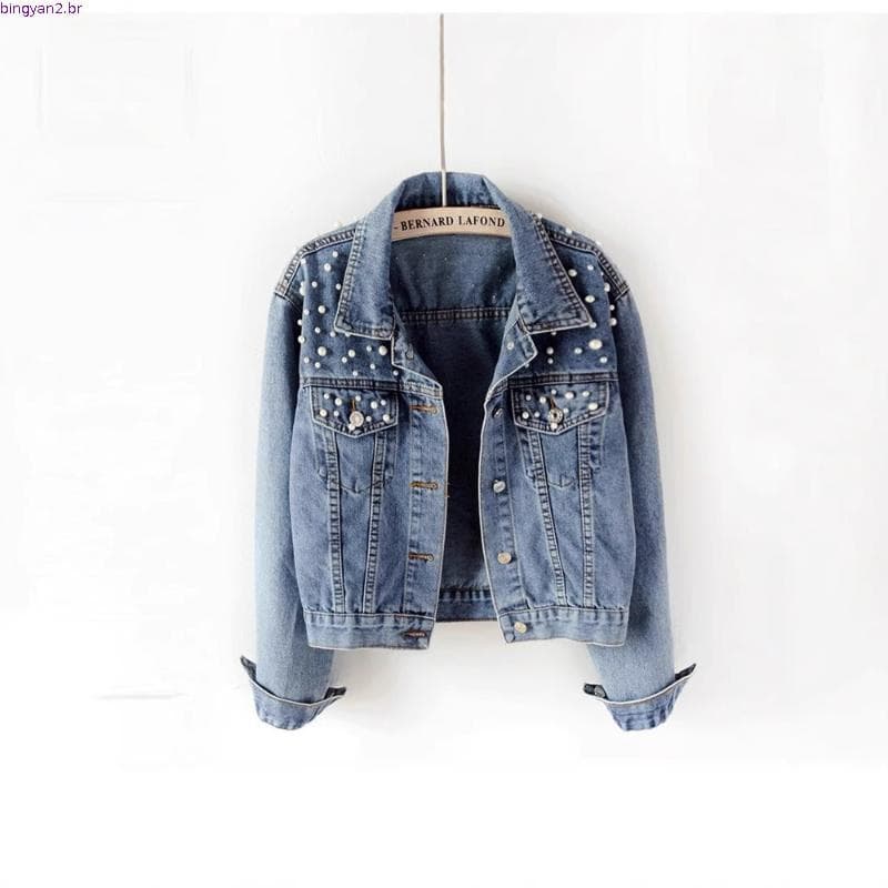 Jaqueta jeans feminina estação europeia gordura MM Plus Size feminino frisado diamante casaco feminino estudante luz azu