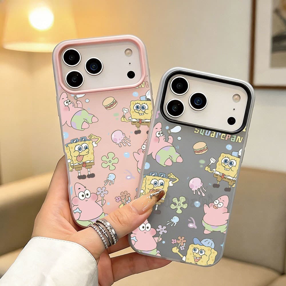 Capinha para iPhone 17/16/15/14/13/12 Pro Max capa anti queda fosca bob esponja moldura de lente colorida cartoon macia
