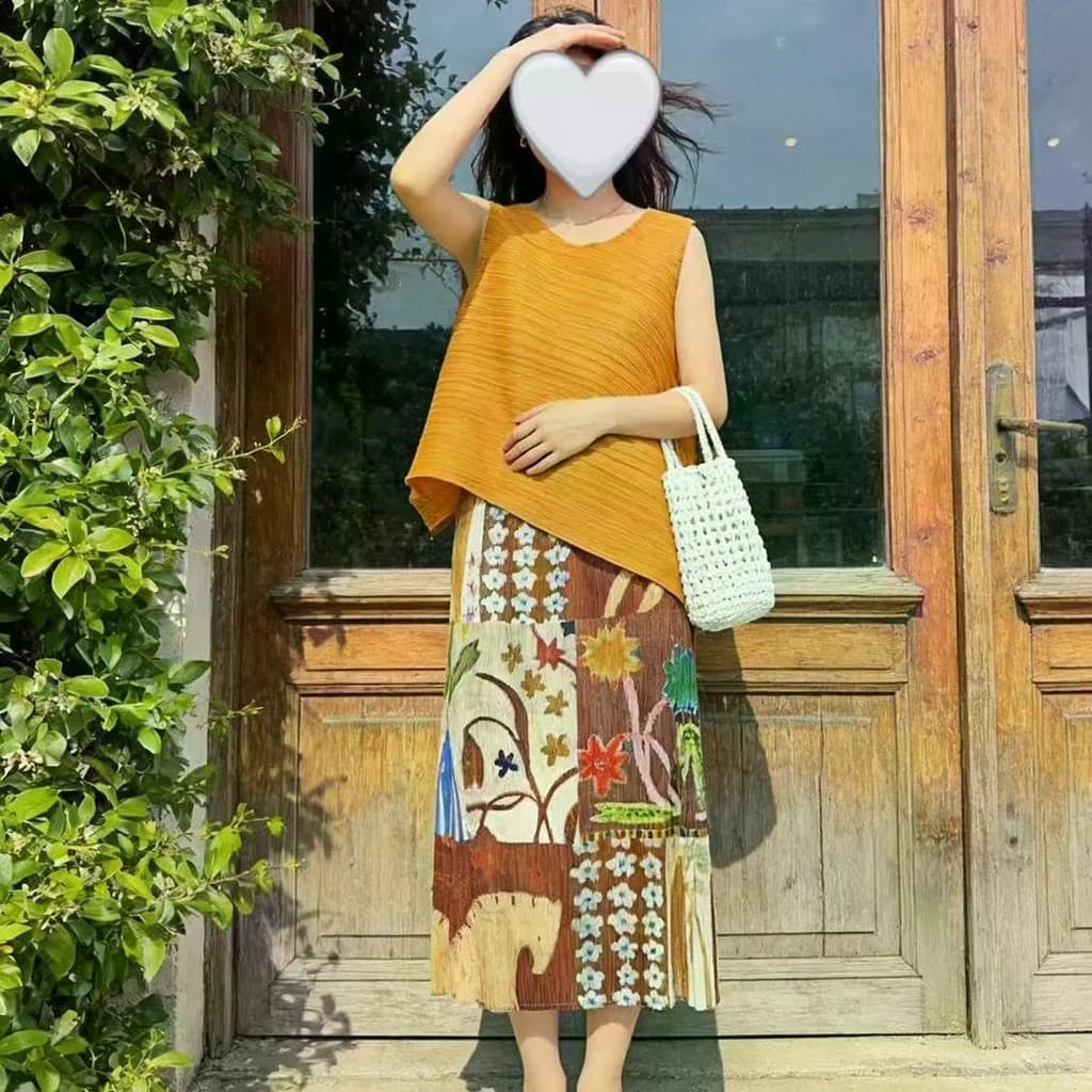 Saia Plissada Estampada De Cintura Alta Verão Nova Retrô Feminina