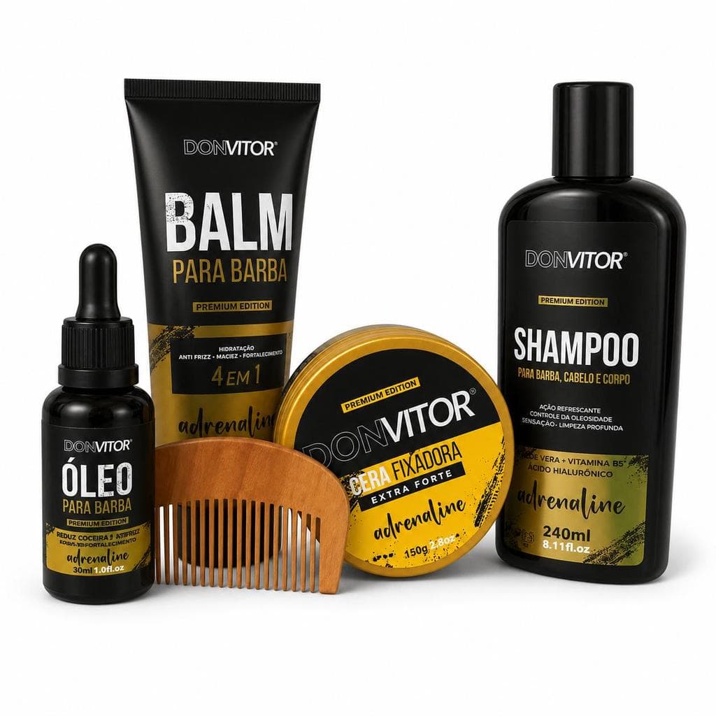 Kit Barba  Shampoo 240ml Balm 120g Óleo 30ml Cera Fixadora 150g Don Vitor Completo com e Pente