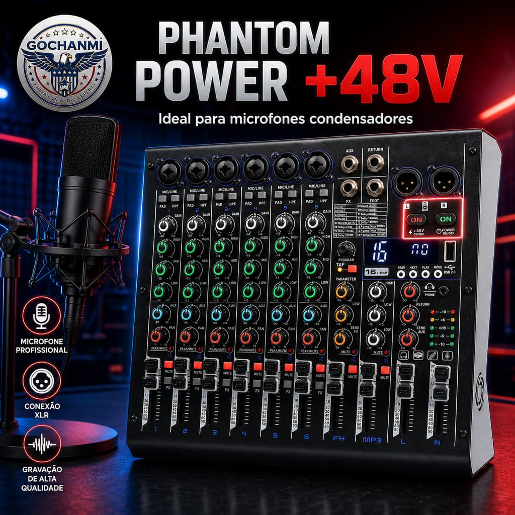 Mixer de Som 6 Canais com Phantom Power 48V para Microfone Condensador e Estúdio