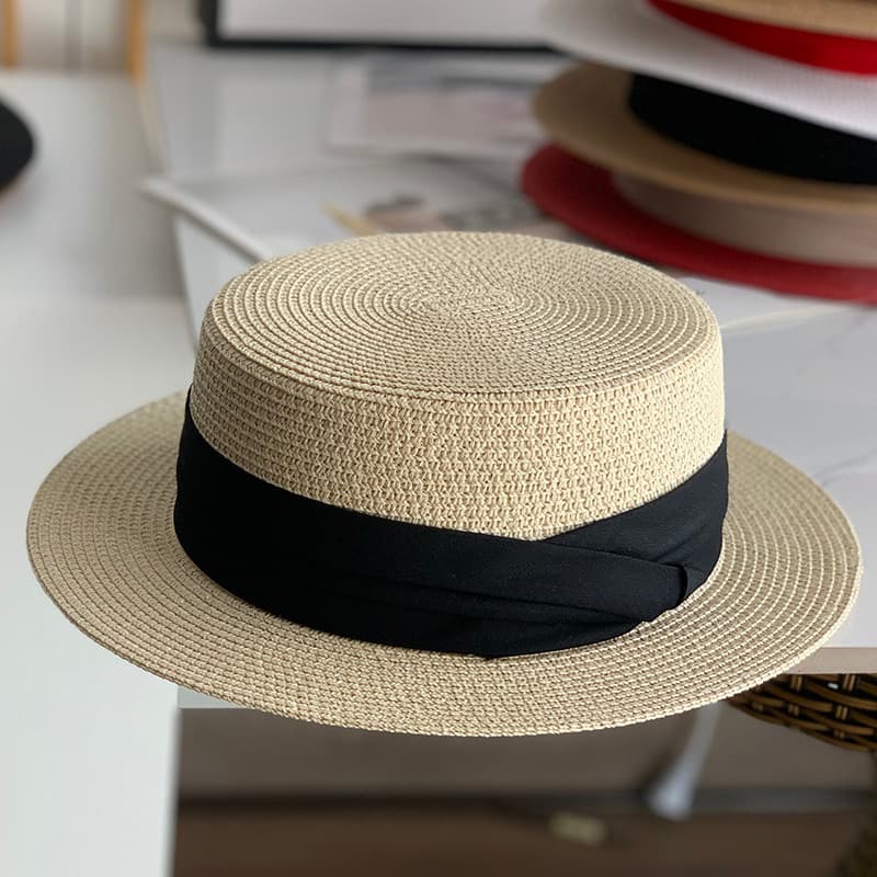 Chapéu de topo plano feminino férias de verão beira-mar panamá chapéu de palha aba plana chapéu de praia francês palha g