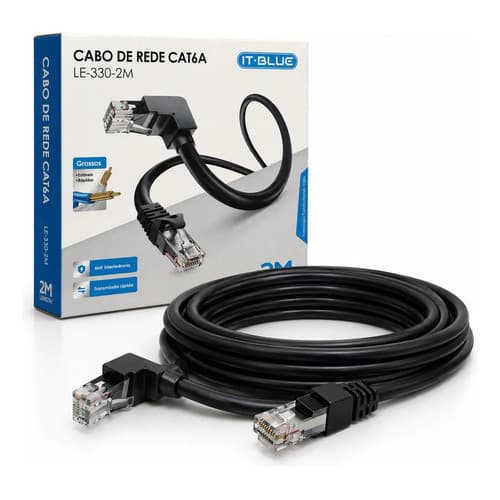 Cabo de Rede CAT6A 2 Metros RJ45 90 Graus Em L Gigabit 1000Mbps para Smart TV PC Roteador