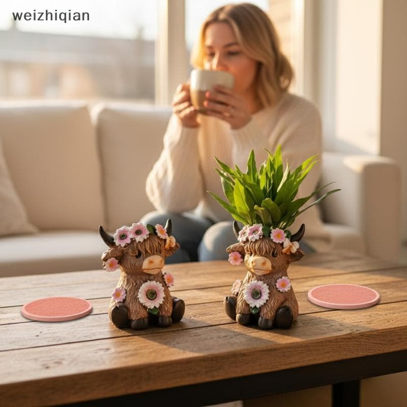 [T & B] Vaso De Flores De Resina De Vaca Highland Tema Animal Criativo 1 Peça Ornamento De Mesa Para Casa Estilo Pastora