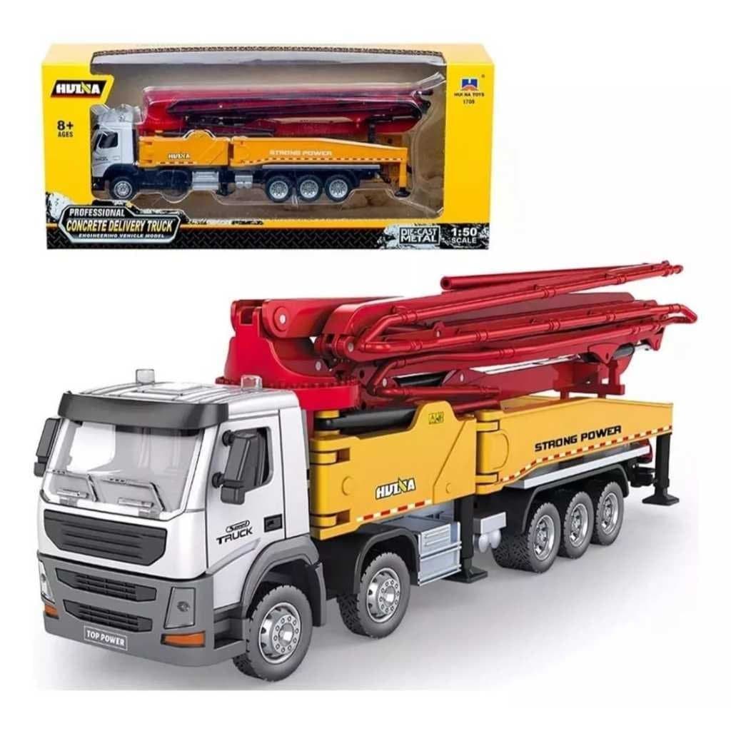 Caminhão-bomba de concreto Huina 1709 e lança miniatura em escala 1:50 para coleção