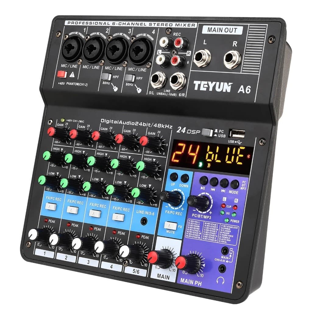 TEYUN A6 6 Canais Profissional Portátil Mixer Console De Mixagem De Som Entrada De Computador Phantom 48V +
