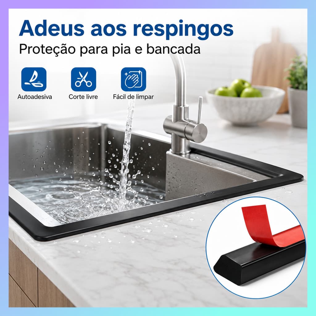 Perfil Veda Água 2m Preto Trapezoidal Autoadesivo em TPE Flexível para Box, Banheira, Pia, Cozinha e Piso