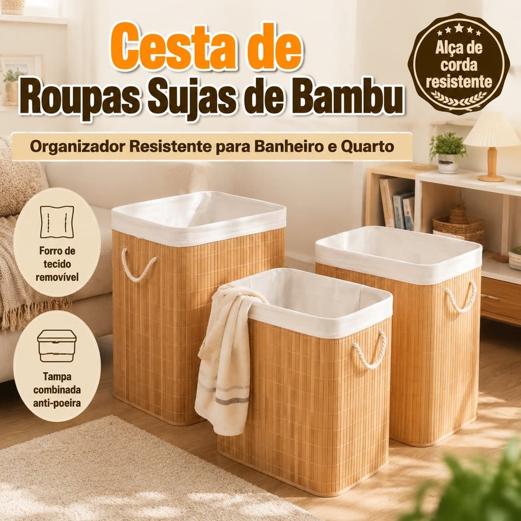 Cesto de Roupas Sujas Grande com Tampa e Alças Organizador de Lavanderia Banheiro  Multiuso Dobrável