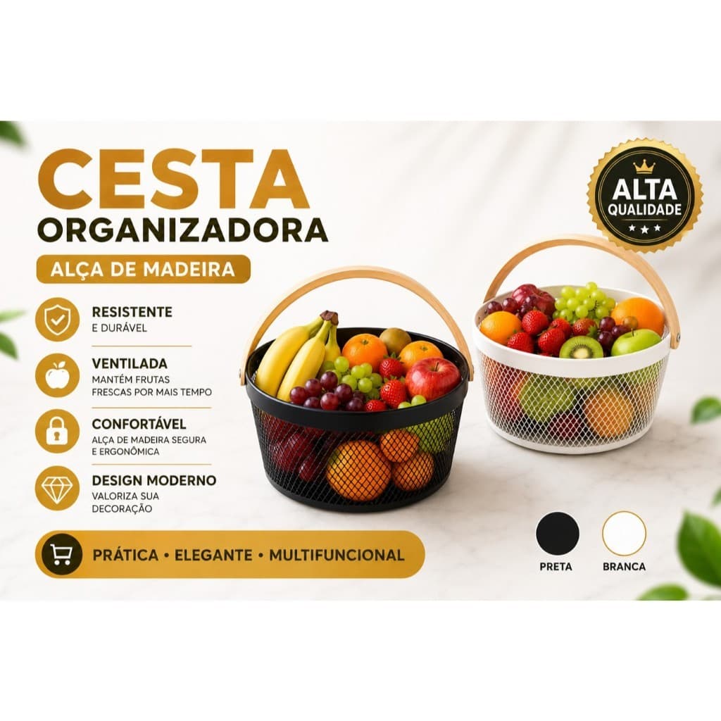 Cesta de Frutas Redonda Aramada Preta ou Branca com Alça de Madeira | Elegante e Resistente para Cozinha Premium