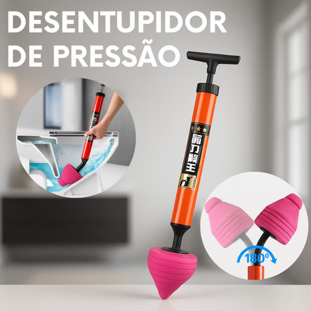 Desentupidor de Vaso Sanitário Profissional 62cm com Cabeça 15cm, Haste Inox e Tubo Flexível 180°