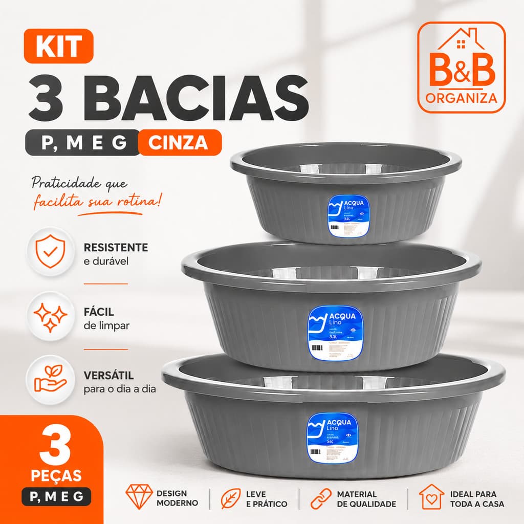 Kit Bacias P M G Redondas Caneladas Plástico Resistente Para Lavar Alimentos Limpeza Organização