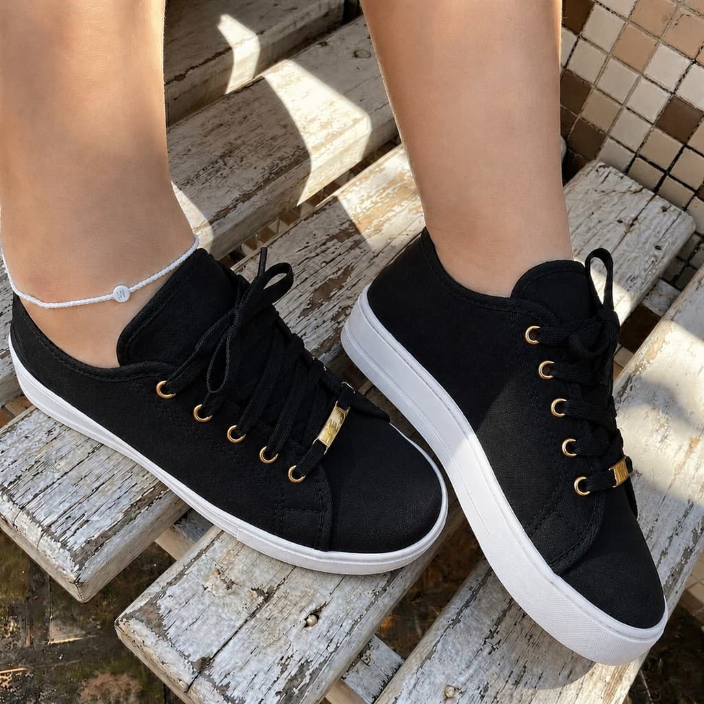 Tênis Feminino Casual Sapato Branco e Preto Sapatenis Confortável Leve Macio