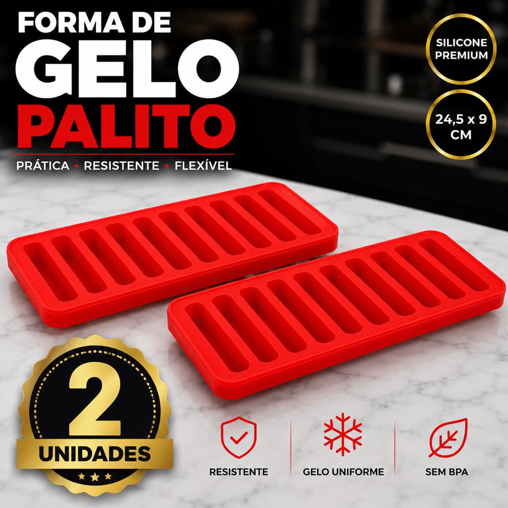 Kit 2 Unidades Forma Para Gelo Silicone 24,5x9cm Palito Vermelho Cavidades Retangular para Garrafas Cozinha Multiuso