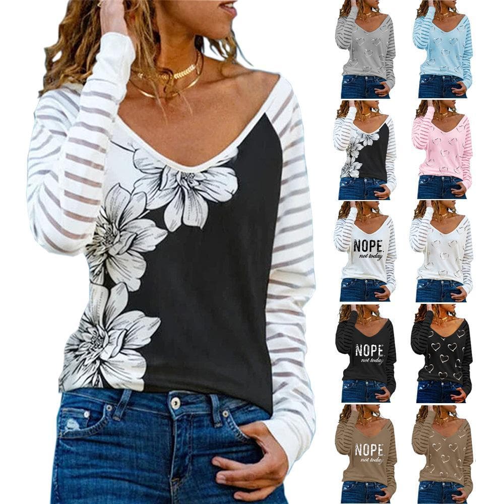 Estilo europeu americano tamanho grande senhoras camiseta outono inverno novo estilo em torno do pescoço de manga compri