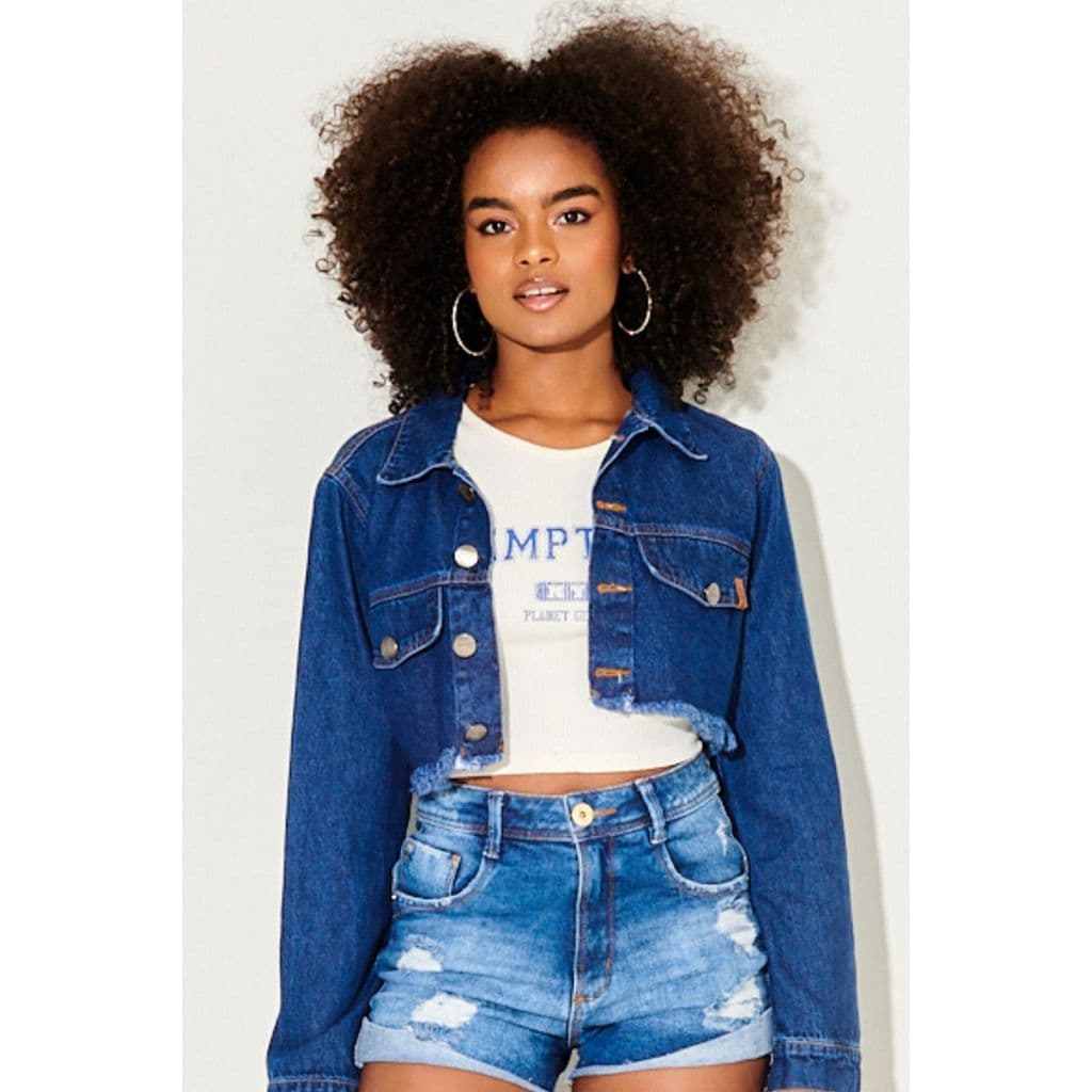 Jaqueta Cropped Feminina Barra Desfiada Planet Girls Jeans Escuro