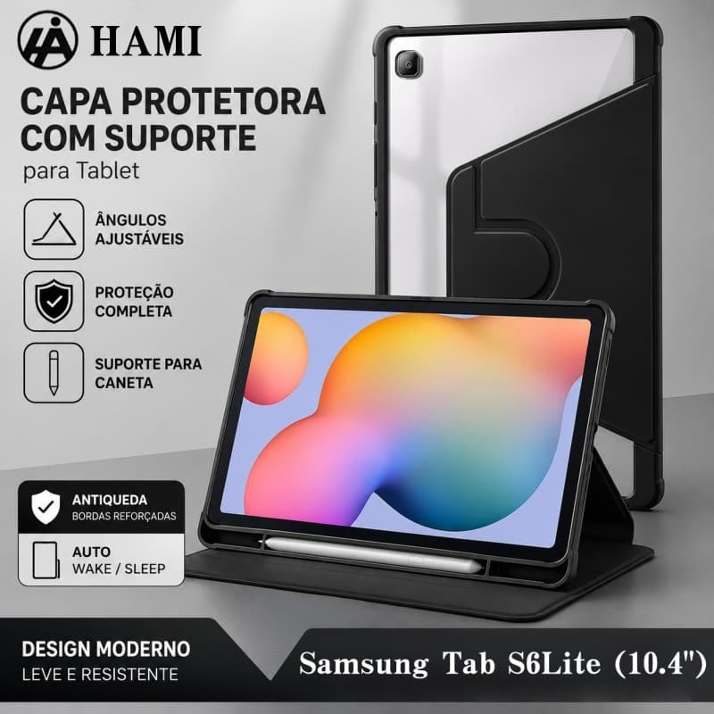 HAMI Capa Giratória para Samsung Tab S6lite (10.4")，com Suporte，porta Caneta e Auto Wake/Sleep