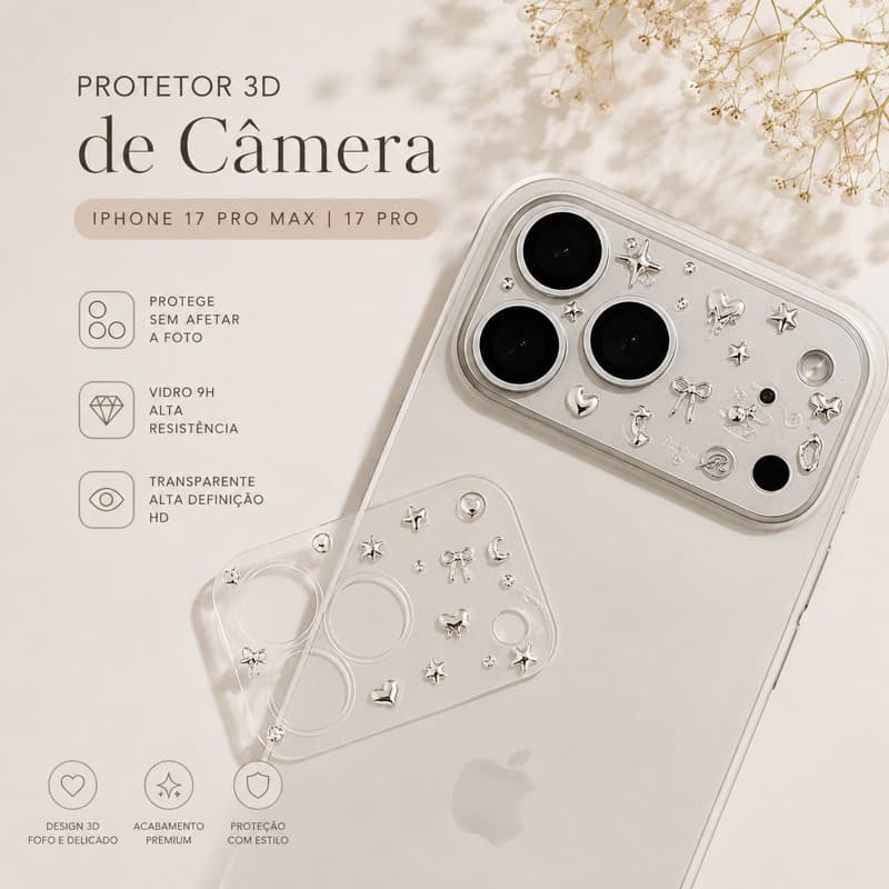 Película de Câmera 3D para iPhone 17 Pro Max e 17 Pro | Vidro Temperado HD Decorativo Premium