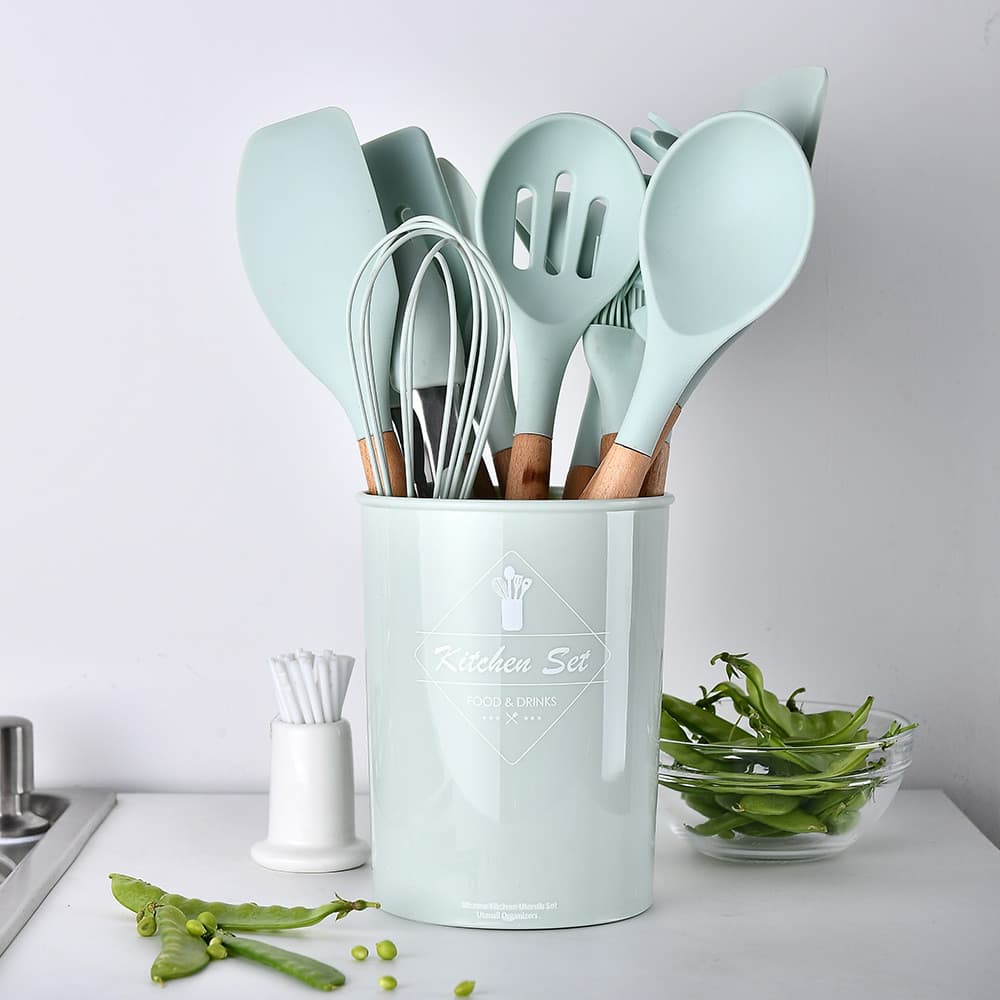 Barril de armazenamento de armazenamento fresco verde alça de madeira Silicone utensílios de cozinha conjunto de 11 peça