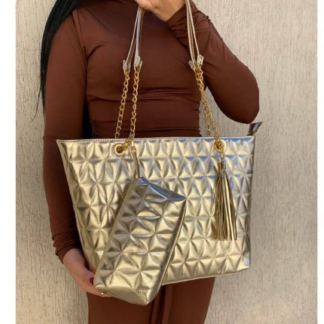 Conjunto Bolsa Feminina Grande Ombro e Necessarie+ Espelho Faculdade Trabalho Bolsa Sacola Metalizada Kit