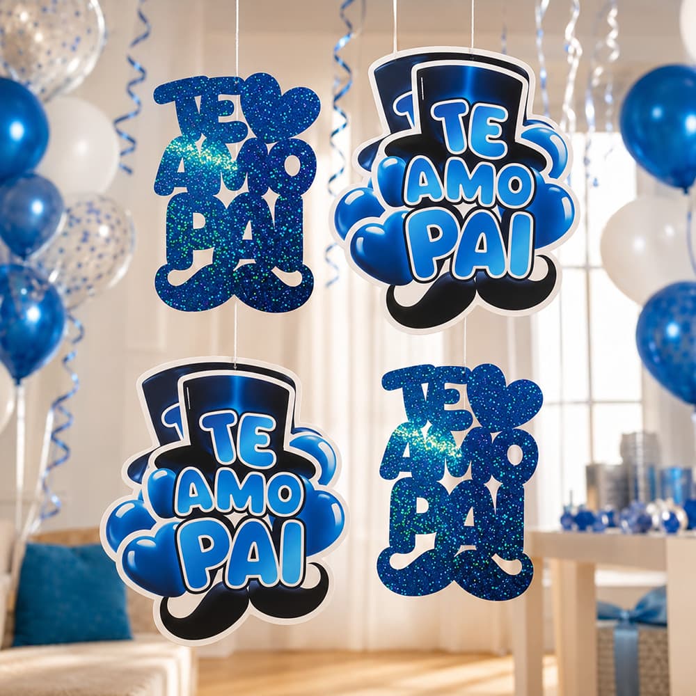 Kit Decoração Dia dos Pais 2 Pendentes Glitter Te Amo Pai + 2 Placas Chapéu Completo