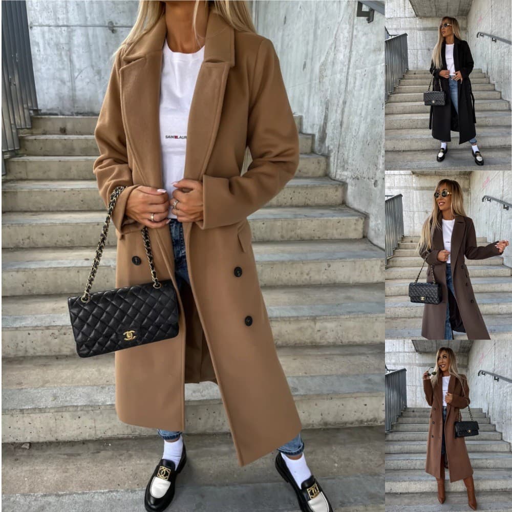 Casaco De Lã Longo Feminino Outono Inverno Lapela Duplo Breasted Botão Trench Coat Cor Sólida Bainha Dividida Grosso Que