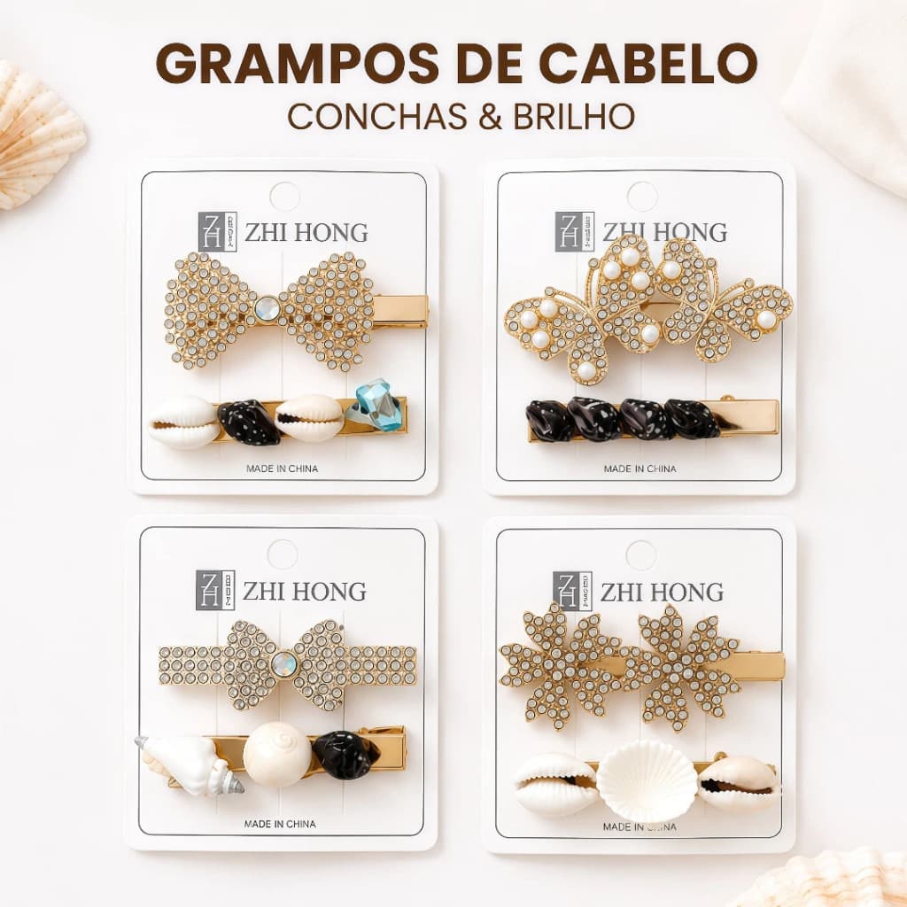 Presilhas de Cabelo Feminina com Pérolas Conchas e Strass Acessório Elegante
