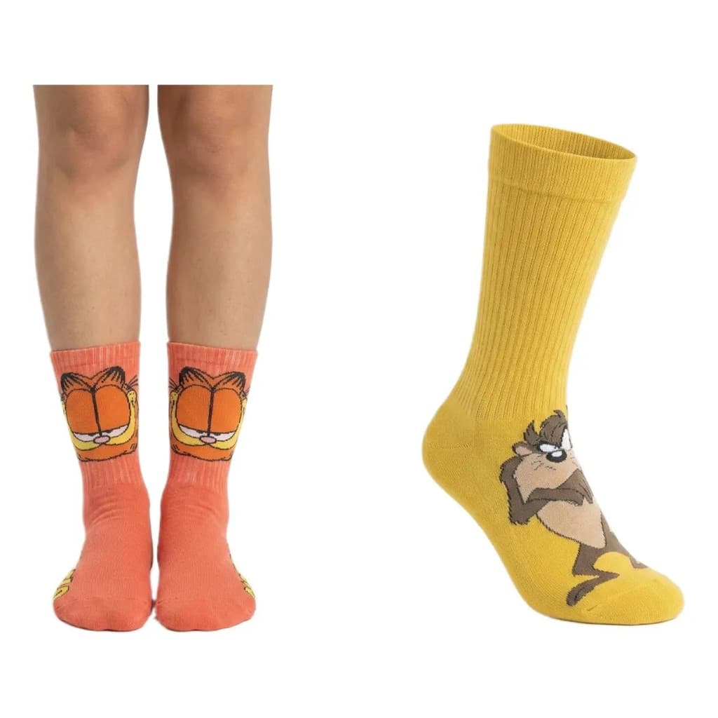 Kit 2 Meias Tasmânia Garfield Divertida Cano Longo Estampada