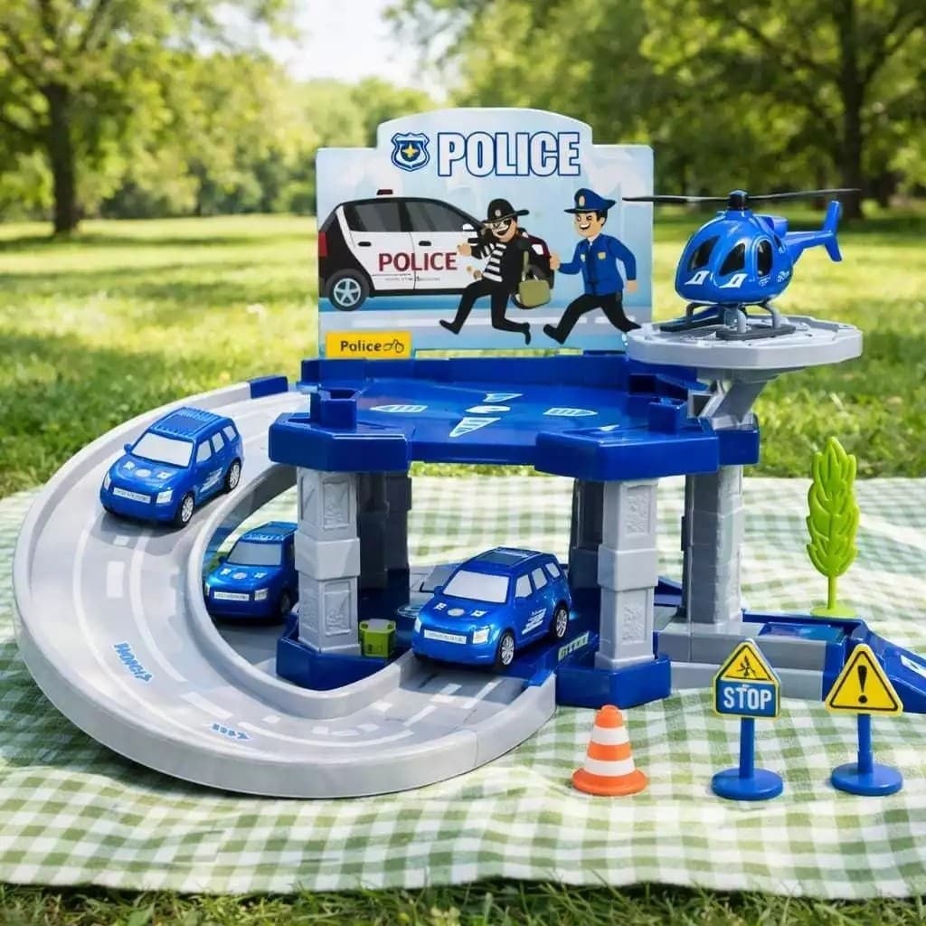 Estação Policial Infantil Brinquedo Veículo Carrinho Helicóptero Presente Menino Azul Branco