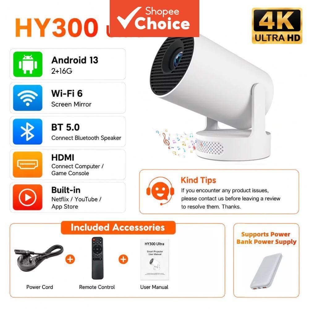Android 13, mini projetor HY300, suporta WiFi, Bluetooth, LED, projetor compacto, resolução 4K/1080P