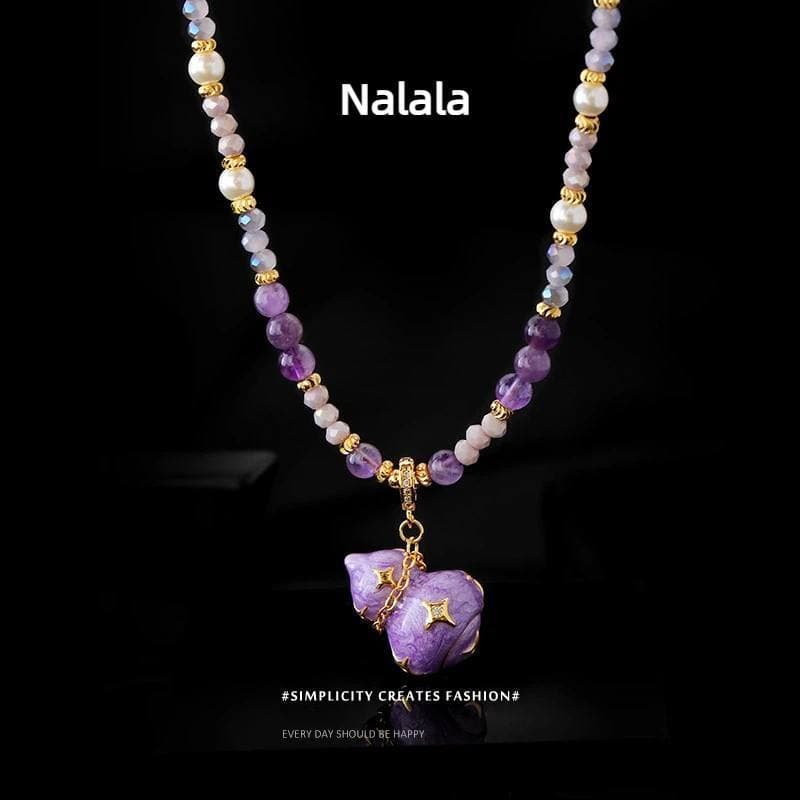Estilo Nacional medieval Roxo Pingando Esmalte Cabaça Colar Feminino Nicho Cristal Frisado design lig