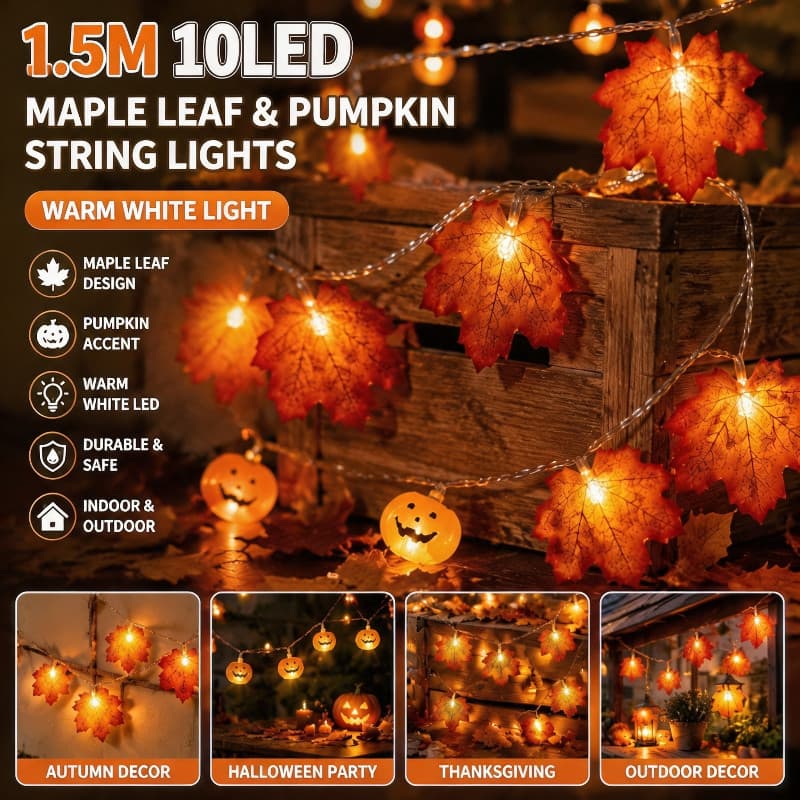 1.5M 10LED Maple Leaf Abóbora Luzes Da Corda Outono Halloween Decoração De Ação De Graças Vintage Branco Quente Ao Ar Li