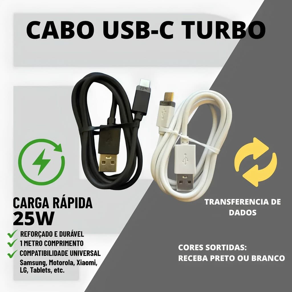 Cabo de Celular Carregador USB-C Turbo 25W