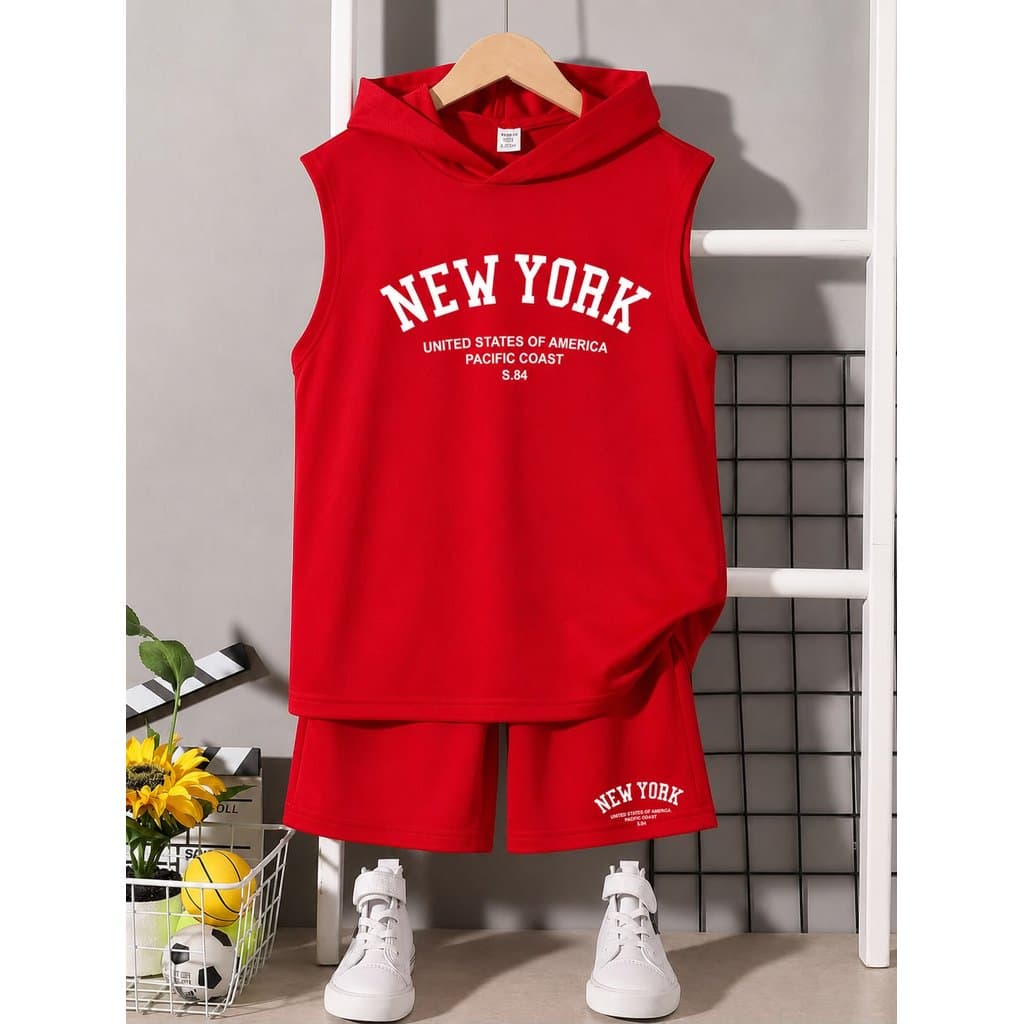 Conjunto Infantil Menino short e regata capuz algodão estampa New York United