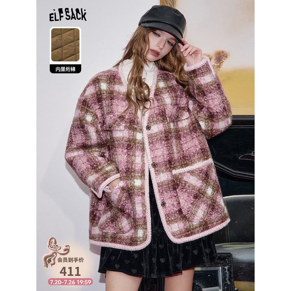 Fada bolso Retro rosa xadrez algodão acolchoado jaqueta feminina 2026 inverno novo estilo filha estilo jaqueta acolchoad