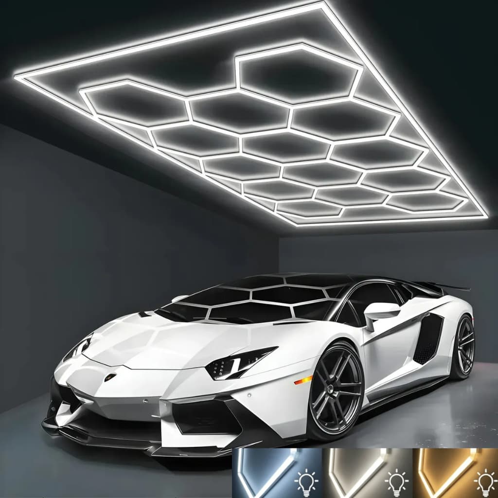 Luminária Colmeia Hexagonal LED 14 Células Bivolt com 3 Tons de Luz Ajustáveis e Lâmpadas Reservas para Lava Jato