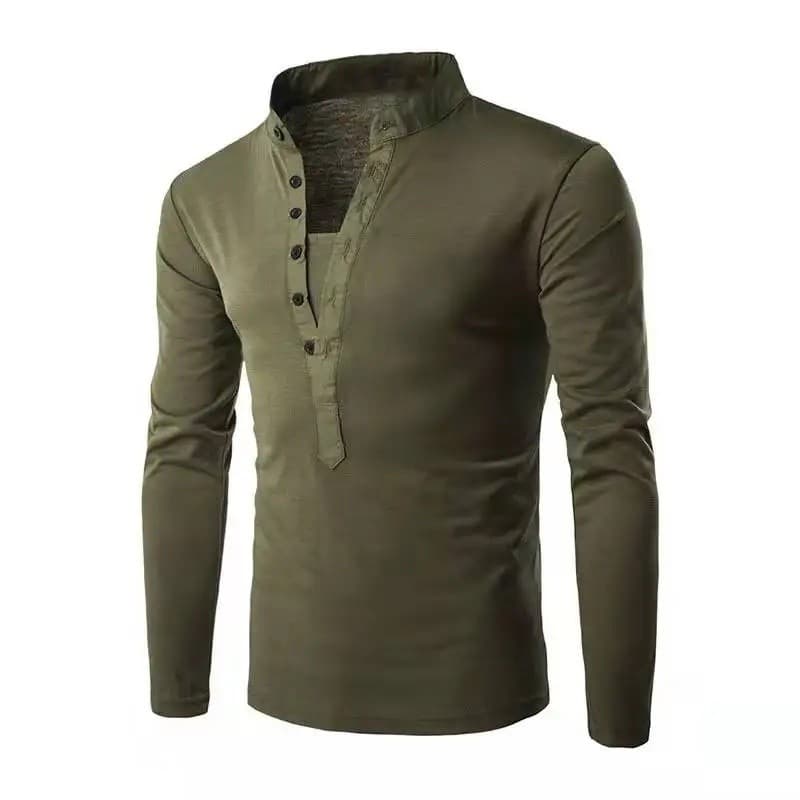 Camiseta Casual Masculina de Manga Longa, Camisetas Masculinas com Gola Alta e Botões, Camiseta com Decote em V, Camiset