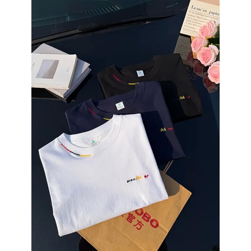 Americano Retro azul marinho verão rosqueado pequeno decote colorido bordado pesado casal masculino de manga curta t-