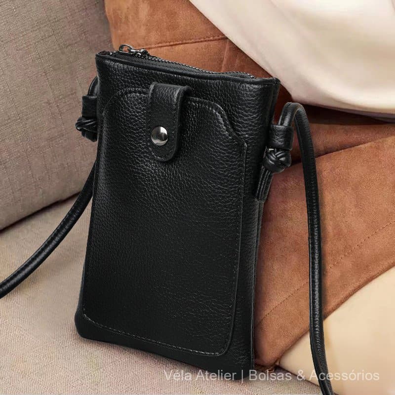 Bolsa para Celular e Chaves de Couro Sintético com Zíper para Passeio e Viagem Estilo Minimalista
