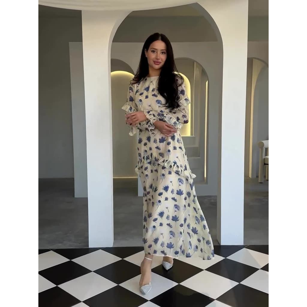 Europeu americano Amazon 2026 novo estilo estilo suave vestido Floral feminino em torno do pescoço manga longa vestido b