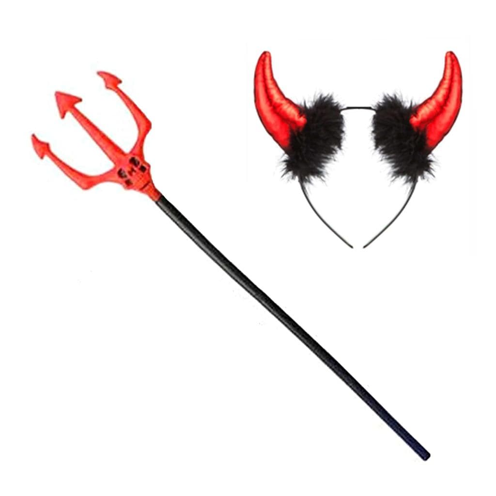Conjunto de Bandolete com Garfos e Chifres de Diabo Vermelho para Fantasias de Halloween - Crianças e Adultos - 2 peças