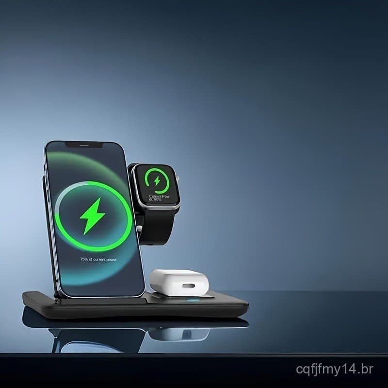 Estação de Carregamento Sem Fio para Múltiplos Dispositivos, Dobrável, 3 em 1, Carregador Rápido, Suporte para iWatch Se