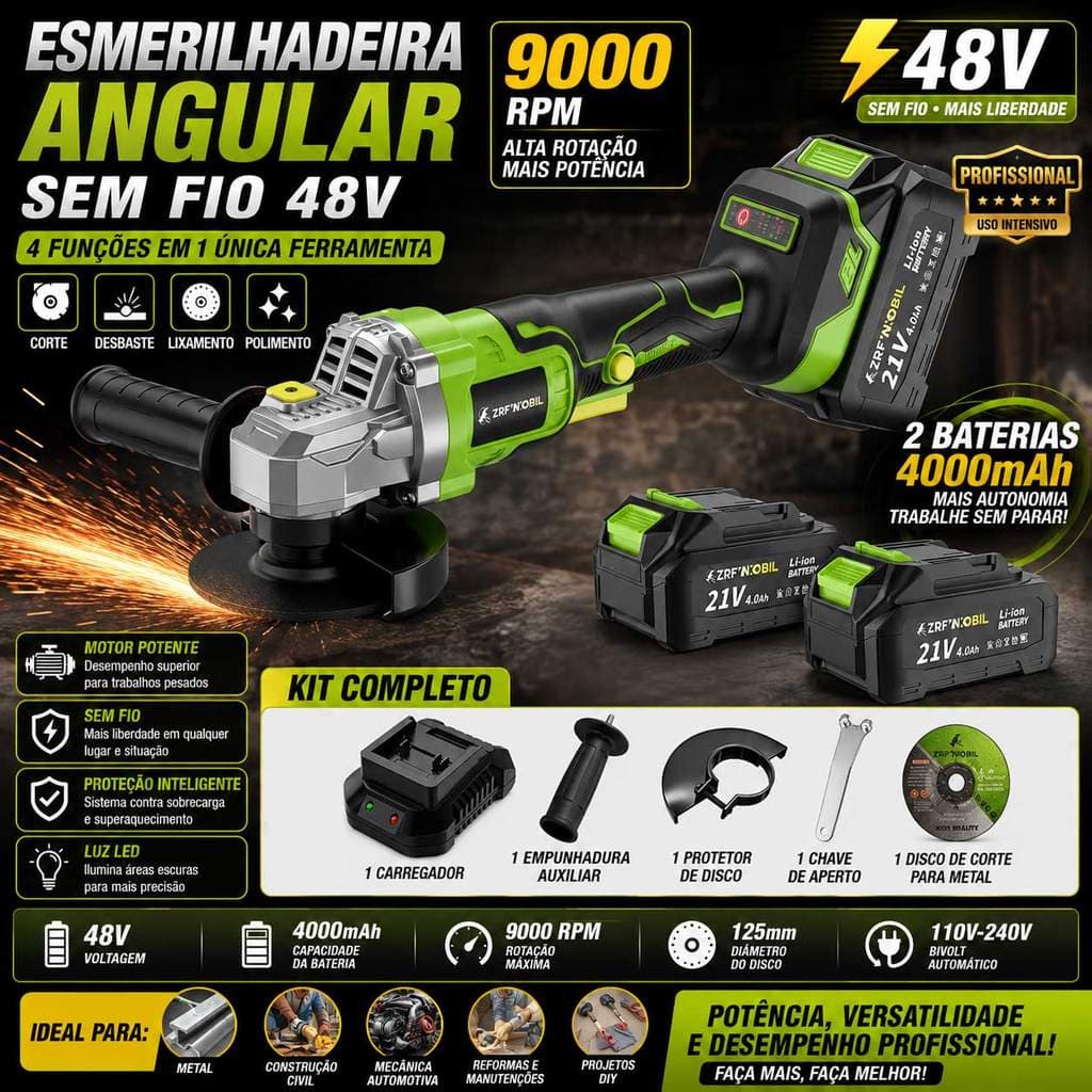 4 em 1 Esmerilhadeira Angular Sem Fio 48V Profissional 9000RPM Politriz Lixadeira Cortadora 2 Baterias 4000mAh
