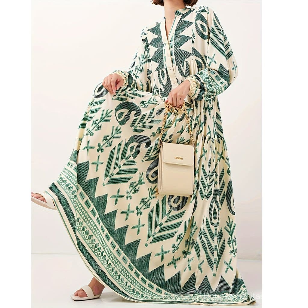 Vestido vintage/roupão verde estampado de manga comprida/roupa feminina casual elegante