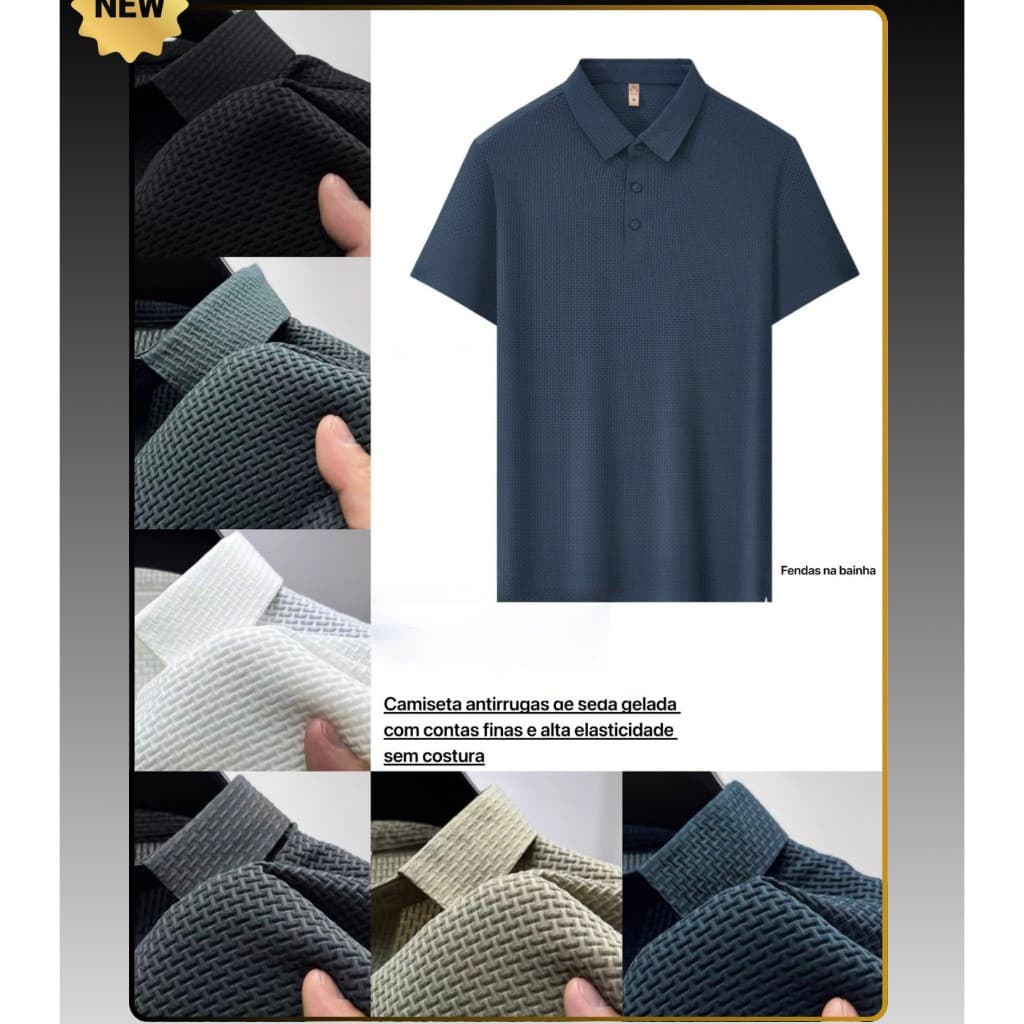 Camisa polo casual masculina GOBC, de cor sólida, com gola, feita de seda gelada, respirável e confortável.