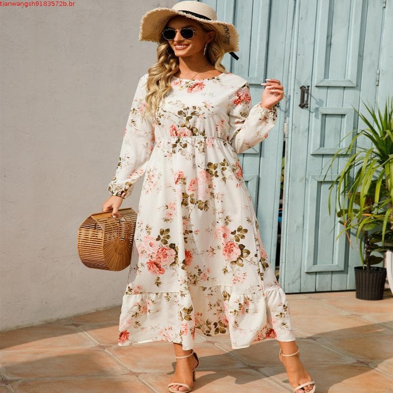 Mulheres Elegante Floral Impresso Longos Vestidos Casuais O Pescoço De Manga Comprida Senhoras Chic Cintura Alta Uma Li