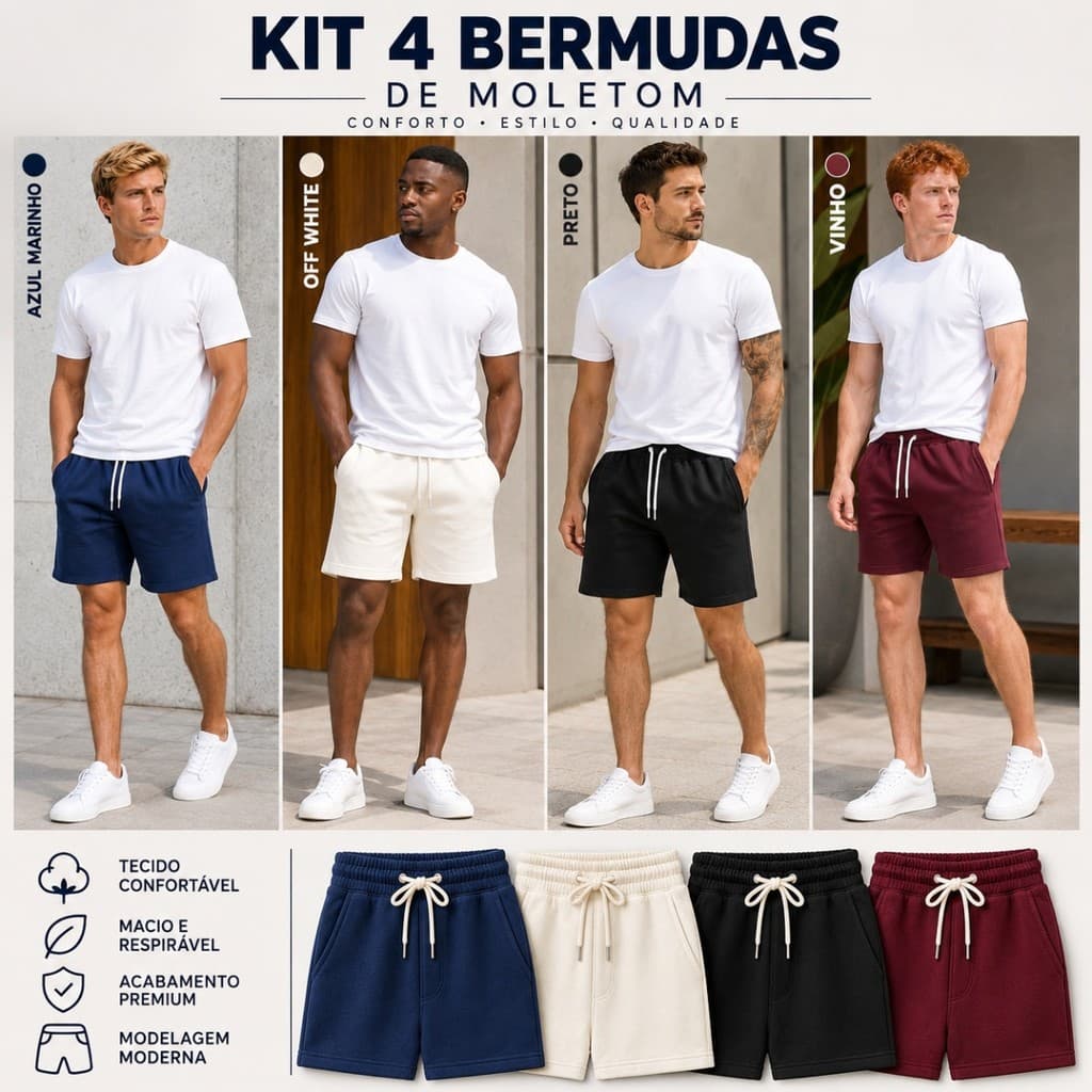 Kit 4 Bermudas Moletom Masculina Premium Casual Conforto Bermudas Moletom Masculina Básica Premium Com Cordão e Bolsos