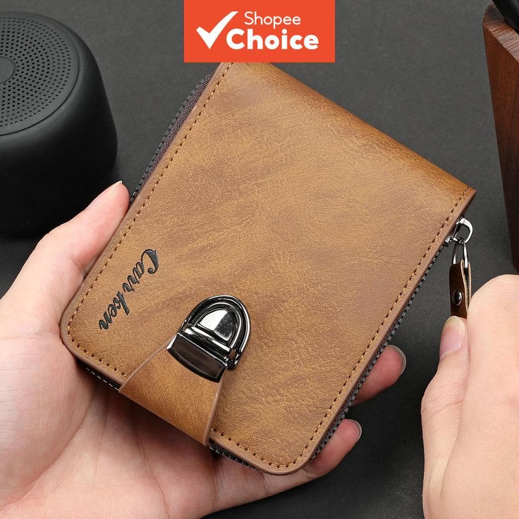 Carteira masculina multifuncional com fivela, grande capacidade, vários compartimentos para cartões, com zíper,