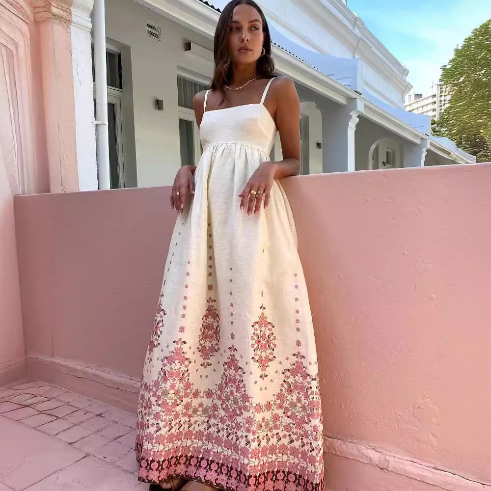 Vestido elegante de algodão e linho com estampa e alças