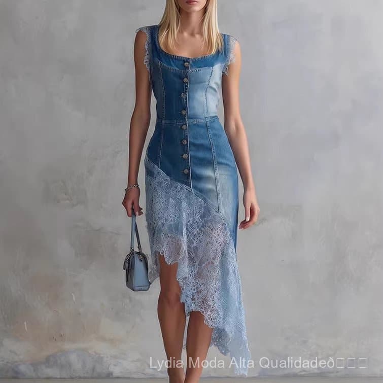 [Liquidação Total] Nova saia midi de jeans azul de alta qualidade e elegante para mulheres, com acabamento em renda vint
