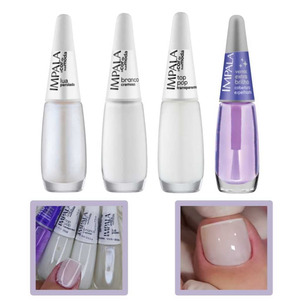 Kit 4 Esmaltes Francesinha Impala Lua Branco Top Pop Verniz Extra Brilho